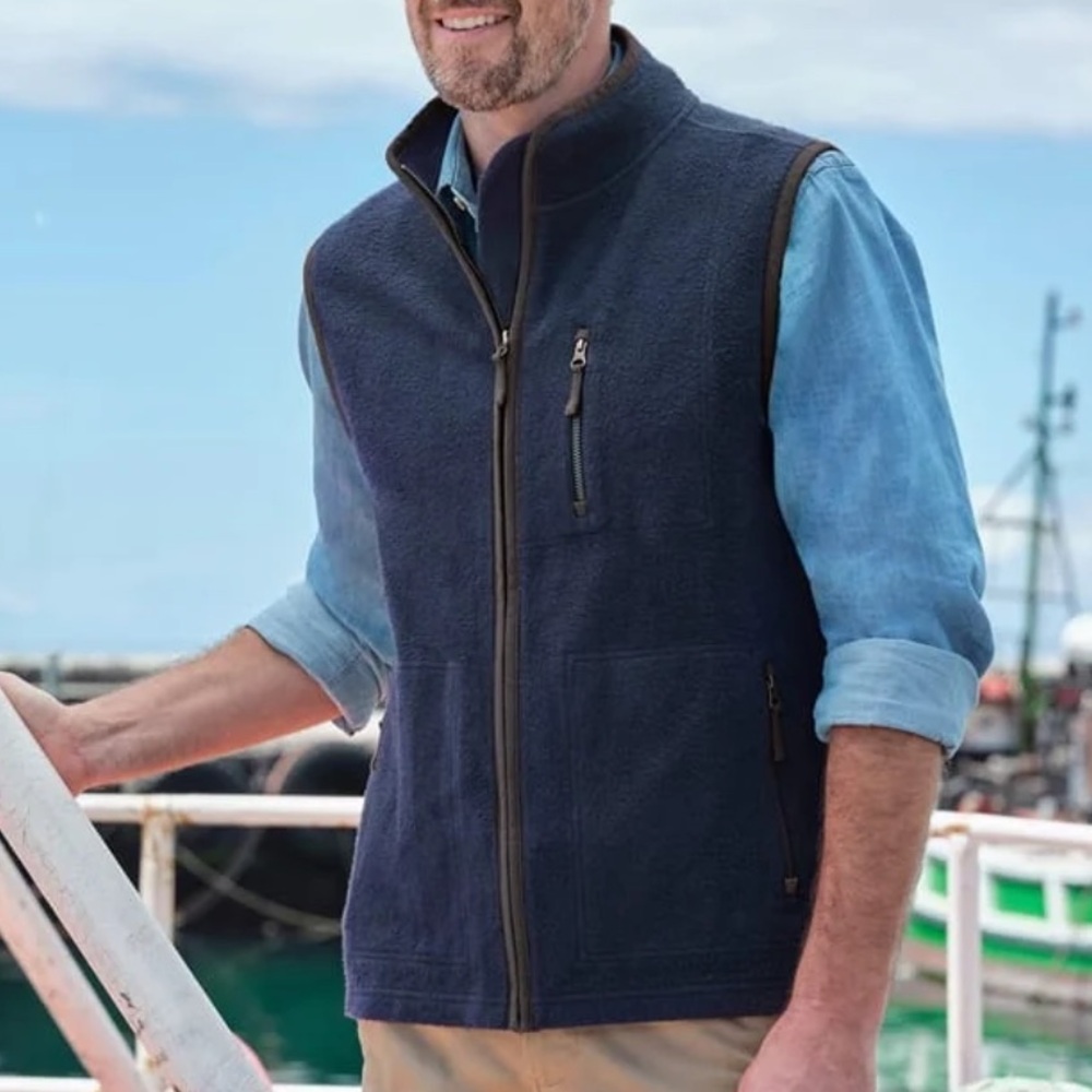 WOOLOVERS FLEECE GILET NAVY WITH BROWN TRIM - XL